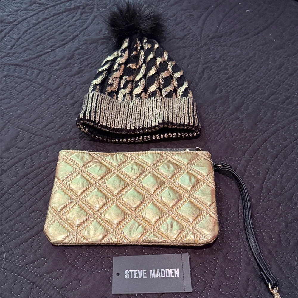 Steve Madden Quilted Metallic Gold and Black Backpack Set. - Picture 5 of 14